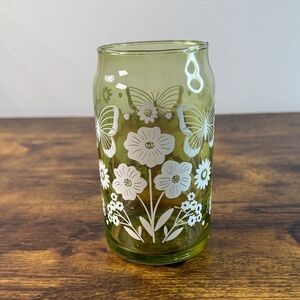 Green Glass with White Floral and Butterfly Design